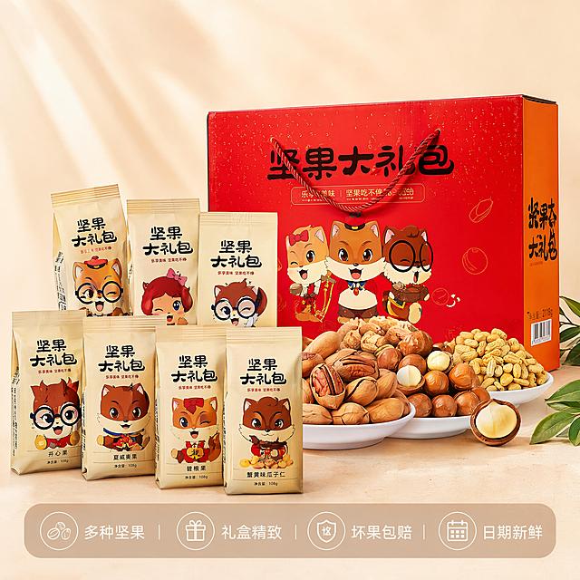 [主图-5] 坚果大礼包礼盒全家福服务承诺图。氛围风格：规整大气，突出包装完整性和送礼属性。画质：商业摄影质感、光线柔和通透、产品清晰真实、画面干净高级。元素：完整展示红色坚果大礼盒+全部独立坚果包装袋+散落的一盘坚果，全家福整齐陈列，保持所有产品外观、物理结构、材质质感、颜色与输入产品图绝对一致，杜绝任何变形和色差，精细化处理。商品主体占比75%，画面饱满规整。光影：均匀柔光打亮，整体清晰明亮，礼盒红色纯正。配色：主色正红，辅色坚果暖棕，背景浅米白干净。视角构图：正面规整陈列，全景构图。文字版式：画面底部做半透明悬浮条，横向排列服务承诺：「多种坚果 礼盒精致 坏果包赔 日期新鲜」，每个承诺用白色小字清晰排列，不遮挡产品主体。比例分辨率：1:1比例，2048px*2048px，4k分辨率，文字清晰可读，超高清。负向提示词：变形，水印，文字错乱，产品图模糊，背景杂乱。