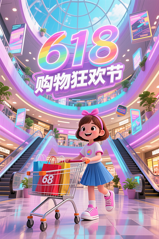 软3D风卡通少女推购物车，霓虹灯色618字样悬浮商场中庭，梦幻糖果色系搭配波普艺术元素，营造可爱又炫酷的促销狂欢氛围。
