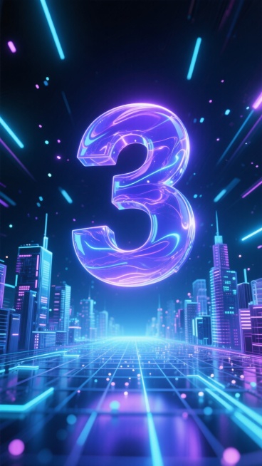 画面中心是倒计时数字'3'，采用全息投影式呈现，数字表面流动着蓝紫色数据流，悬浮于光纤矩阵中，周围有光束粒子以数字为中心呈脉冲式扩散，下方有抽象化城市天际线被光网线条重构，，画面具有玻璃折射光效、纳米预览效果