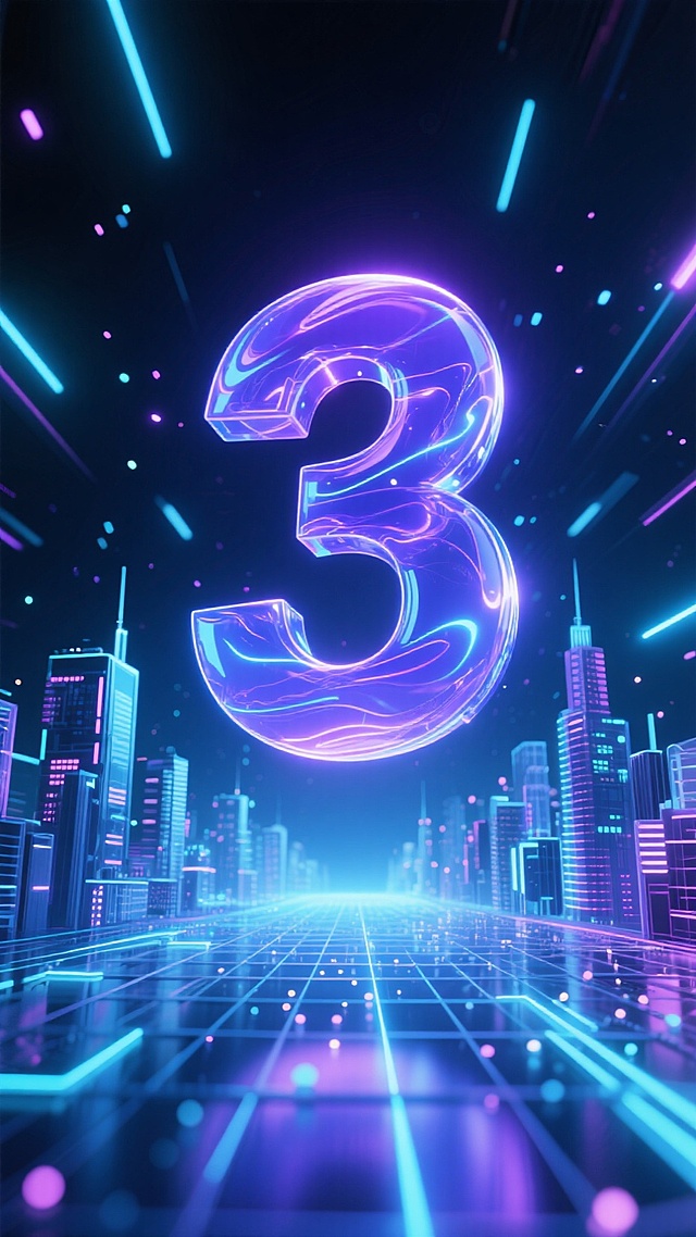 赛博朋克风未来城市，霓虹灯与液态大字“3”交相辉映，科技感十足