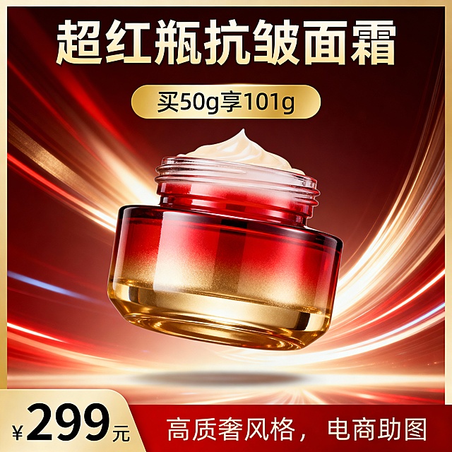 鎏金红瓶悬浮于动态光轨之上，3D重拟物设计强化金属质感与体积感，光影交织凸显奢华氛围，节日促销氛围浓厚。