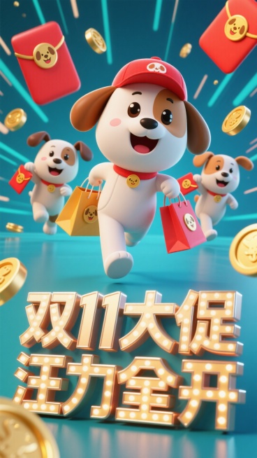 主视觉是戴红色棒球帽的小狗，兴奋地叼着购物袋奔出画面，身后 3 只小狗摇着尾巴、拿着红包袋追赶，正面视角。背景有金币、印有小狗图案的红包、动感放射线，画面下方是立体金属质感的 3D 文字灯牌 “双 1预览效果