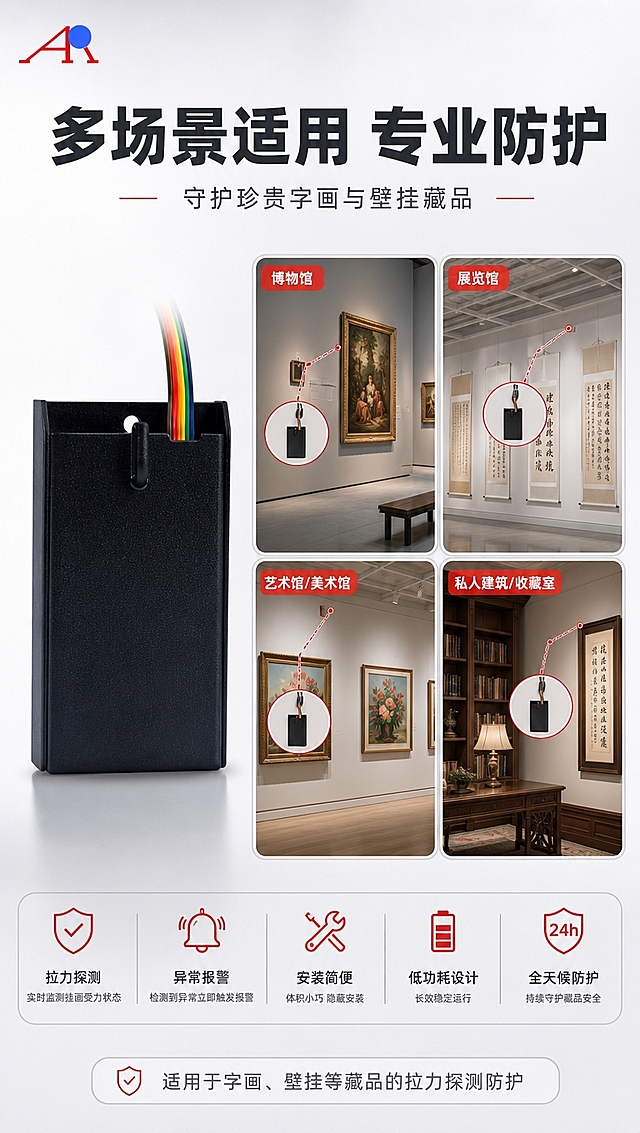 [商品] 使用【图1】LL-010挂画拉力探测器；保留原图全部外观特征，不做修改；左上角放置【图2】LOGO。
[画面] 页面目标：展示适用场景与安装区域，体现产品应用价值。构图：左侧约40%区域为产品侧立展示，右侧约60%区域为场景拼图（博物馆展厅、美术馆画廊、展览馆墙面、私人收藏室4个场景小图2x2排列），每个场景图中示意性标注探测器安装位置。背景：浅灰白渐变，场景图做柔和边框处理。
[视觉] 套系策略：风格=报警行业专业克制高级商业摄影；标题字=现代无衬线粗黑体；正文字=简洁无衬线体；主色=白+浅灰；背景延展=基于白灰做深浅层级渐变与细腻哑光质感；强调色=警示红，仅用于小面积图标、引线、标签和重点数据高亮；标题色=深炭灰；正文色=中灰；组件=细线信息卡、红灰双色引线、圆角参数框；光影=左前侧柔和棚拍光，产品底部自然投影，整体光感均匀高级。
[文字] 顶部主标题「多场景适用 专业防护」，副标题「守护珍贵字画与壁挂藏品」；4个场景分别标注：博物馆、展览馆、艺术馆/美术馆、私人建筑/收藏室。底部补充说明：适用于字画、壁挂等藏品的拉力探测防护。所有文字横排，清晰可读。
[规格] 淘宝/天猫详情页单屏9:16竖版，4K分辨率，中文简体。避免深色背景、高饱和彩色、产品变形、文字竖排或斜排、极限词。