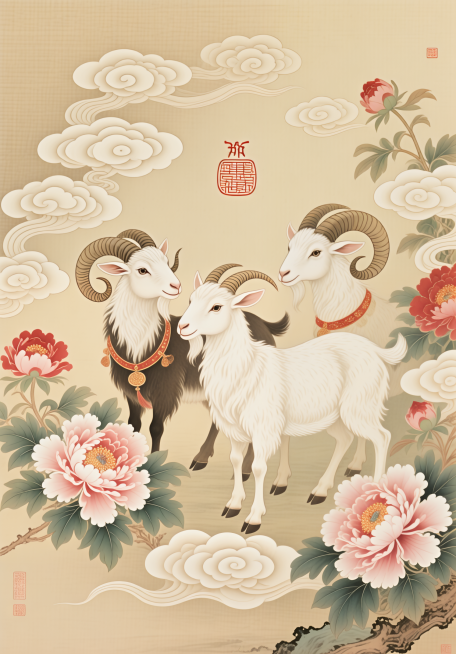 十二生肖羊主题插画设计，结合三阳开泰吉祥寓意，画面中心绘制三只喜庆的山羊，环绕祥云牡丹，细腻国风工笔画风格，A3尺寸构图饱满，色彩淡雅古朴，传统吉祥氛围预览效果