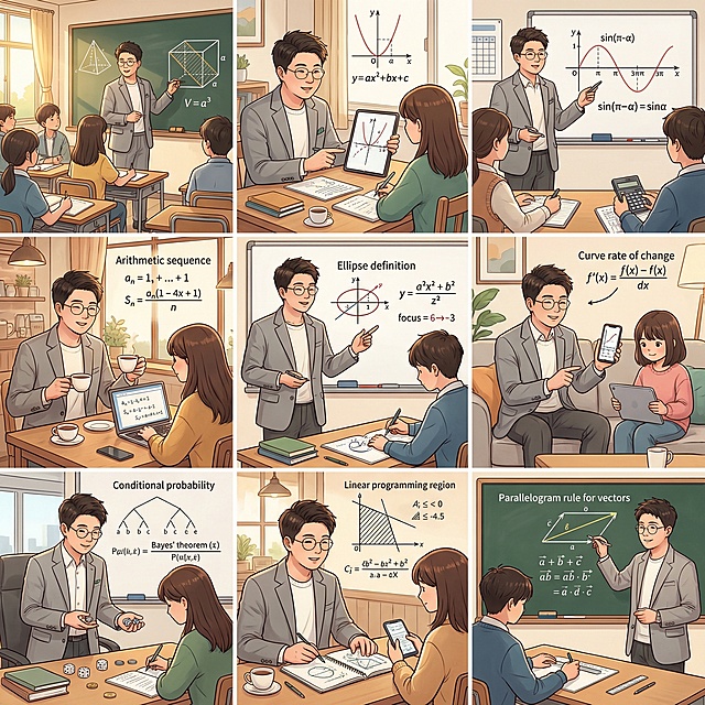 帮我生成关于高中数学的九宫格图片，要有老师和学生，老师的脸帮我设计成这张图片的，学生是中国人，场景是教室、家里、办公室、咖啡厅等，帮我生成20张
