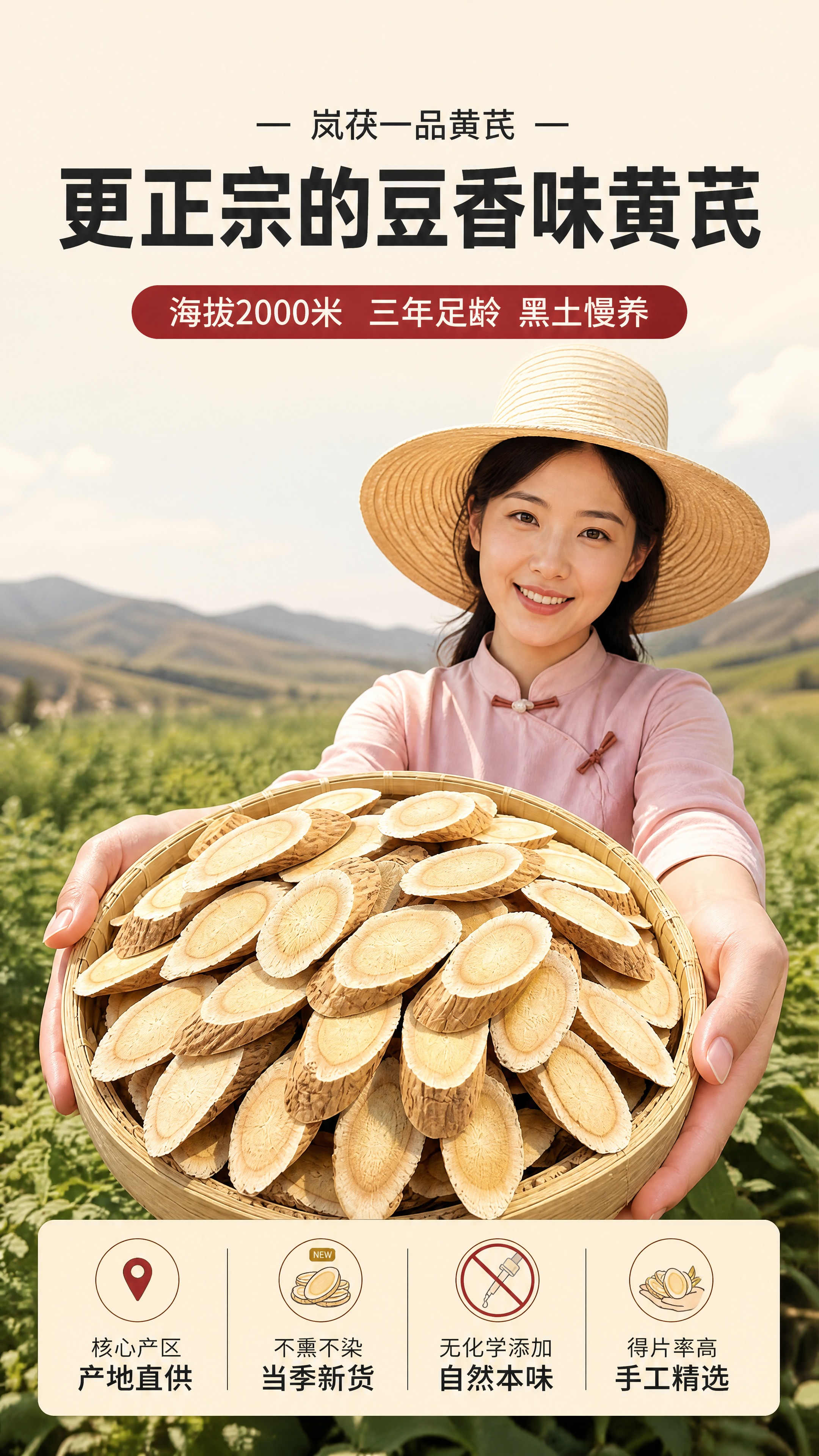 [商品] 使用【图1】黄芪切片产品和女农户手持竹篮场景；商品处… - 图片创意预览