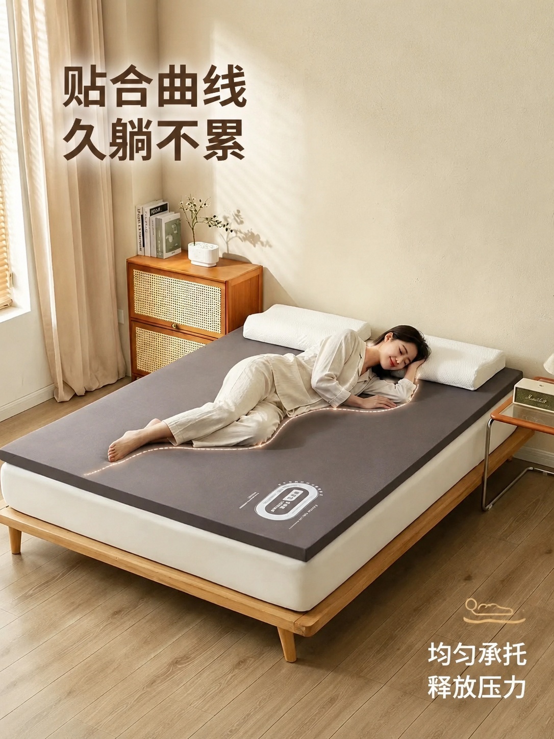 [第5屏] 体验展示页-模特躺卧体验舒适度展示。本屏使用【图1… - 图片创意预览