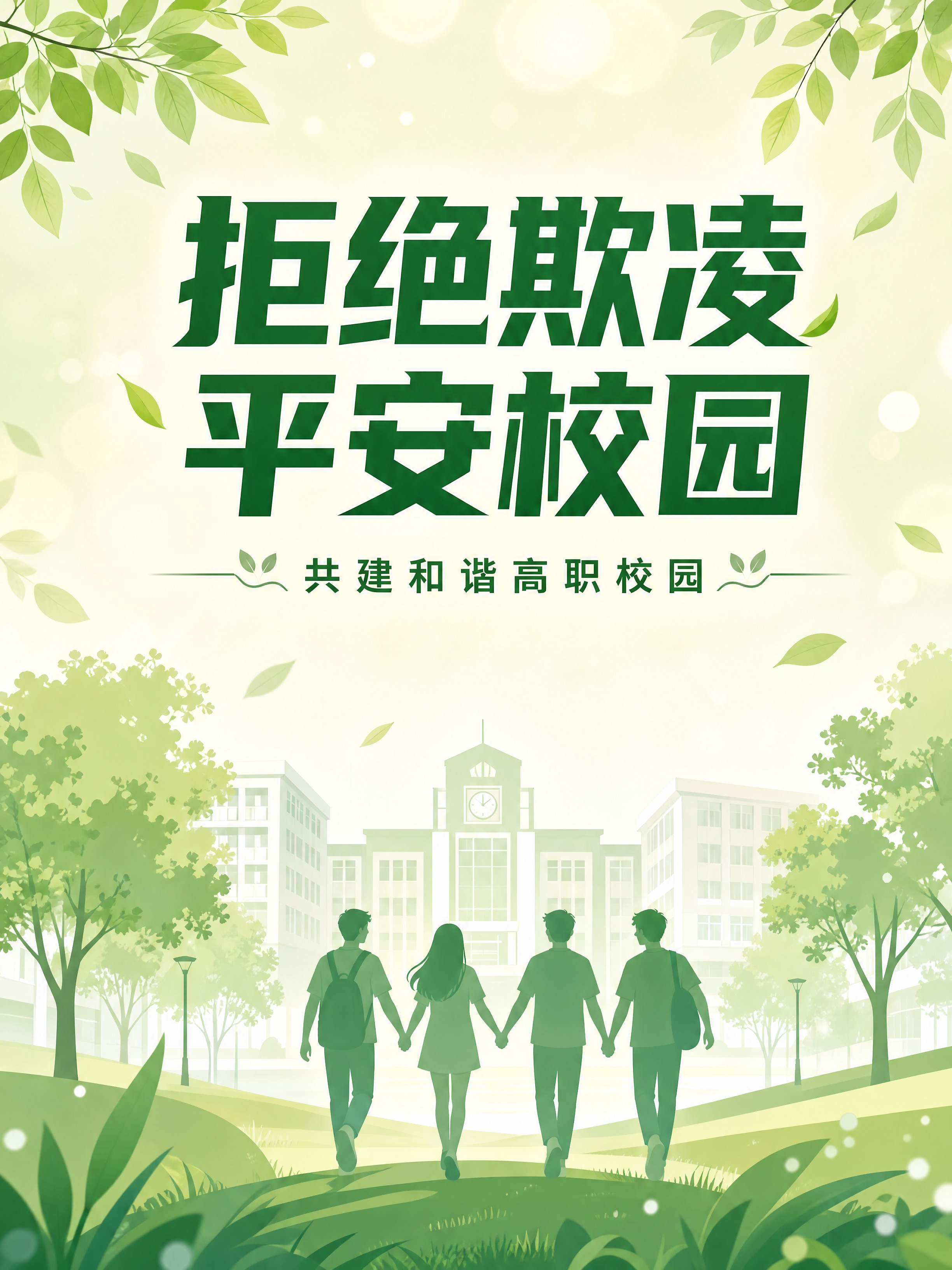 高职校园防欺凌宣传主题海报，竖向构图，浅绿色清新风格。画面中央… - 图片创意预览