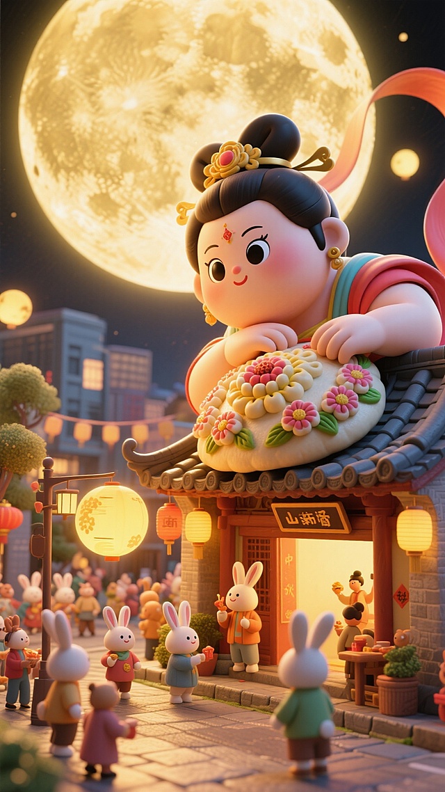 画面呈现金色调：巨人版胖嫦娥（看起来可爱又漂亮，大眼睛，山西传统花馍风格）脑袋侧枕着手臂从屋顶后探出，与下面的微缩的现代街道（熙熙攘攘的居民（兔子们）在繁华的街道过中秋节）互动，非常规的创意构图，中秋节庆的氛围，顶部硕大的月亮