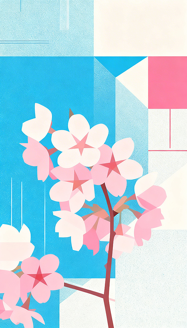 将这张樱花的图片转换为现代极简几何扁平风，融合包豪斯主义的理性线条与risograph印刷质感，图形高度概括、无多余细节，强调色彩与形状的构成关系，带有复古印刷的颗粒肌理