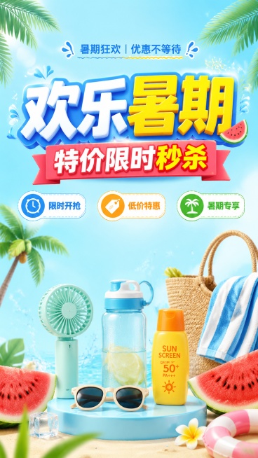 这是一张欢乐暑期限时秒杀活动促销海报，整体风格为明快活泼的夏日促销风，写实商业摄影画风。画面从上到下排版，顶部装饰短句“暑期狂欢 | 优惠不等待”，居中主标题“欢乐暑期”，下方副标题“特价限时秒杀”，预览效果