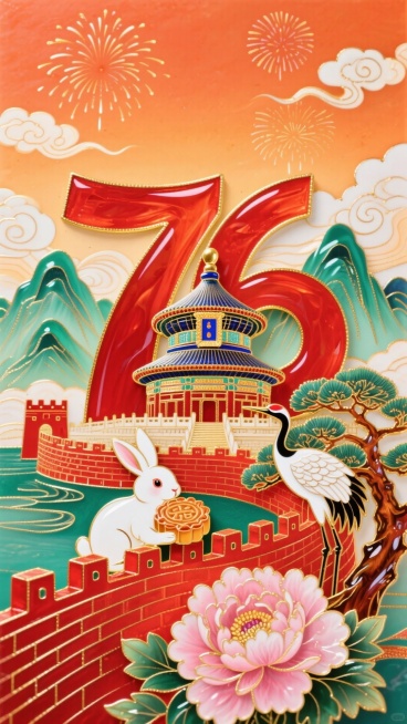 中国风国潮插画，以红、橙、金暖色调酿喜庆，竖版构图富层次。主体艺术红“76”融天坛，下绕红长城，配白兔抱月饼、仙鹤，及粉牡丹、苍劲松；背景暖橙天空缀祥云烟花，衬青绿山峦，双节祥和热烈，细节精，满含传统预览效果