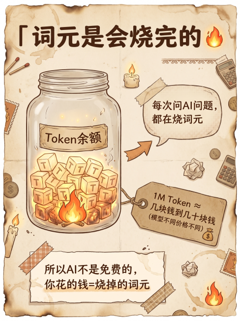 AI科普知识长图，手绘插画风，复古手账剪贴簿拼贴风格，背景为米黄色做旧纸张纹理，主色调复古橙、焦糖棕、奶油白，火焰部分点缀少量橙红色，顶部用深棕色粗体字写标题「词元是会烧完的」，标题旁画小小火焰图标，预览效果