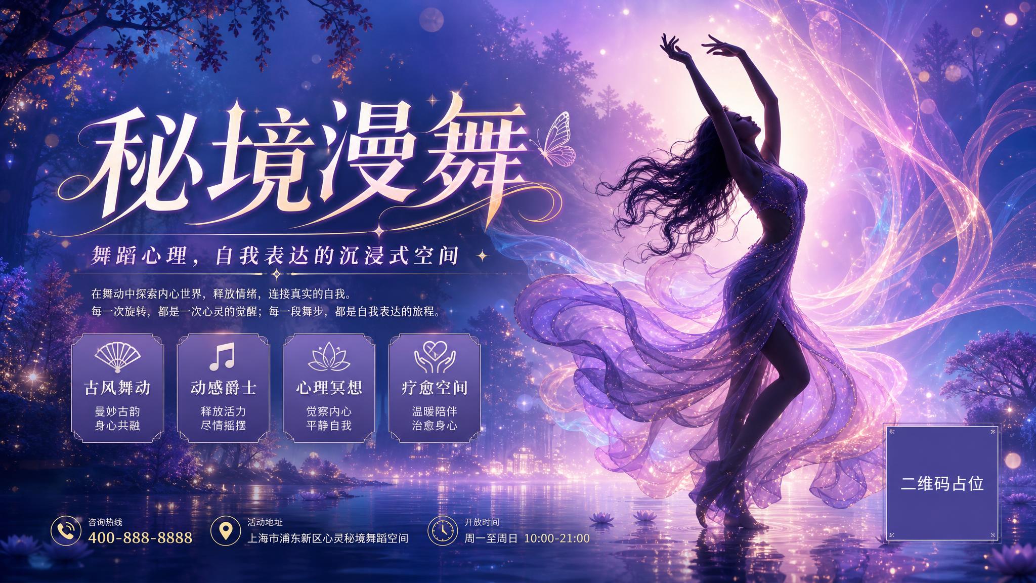 梦幻秘境风格横版海报，画面中央偏右是一位长发波浪女性的性感舞动… - 图片创意预览