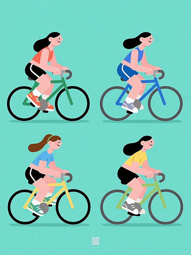 一套四个不同造型的骑行女性系列插画，保持原有的扁平风格、简约线条、圆润可爱的人物比例和纯色背景设计，整体画面色彩变换为四种不同的明快色调方案，每个女性角色骑行姿态和自行车造型保持一致，但穿着四种截然不同的运动休闲穿搭，包括不同颜色和款式的上衣、短裤和运动鞋，所有元素规整排布形成系列感，无文字和二维码设计