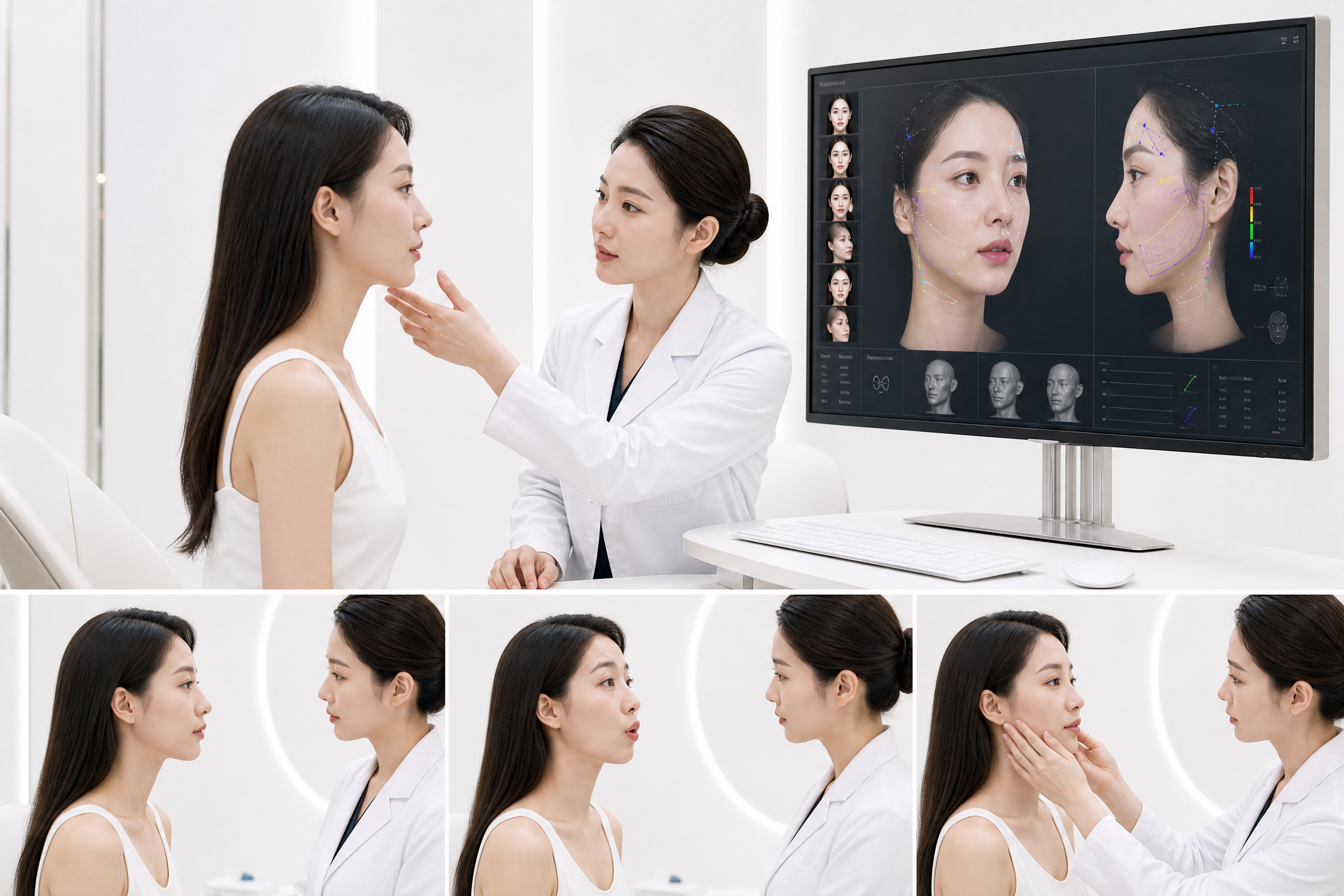 医美面诊场景示意图，白色纯净背景。上方大图：医生正在为女性顾客… - 图片创意预览