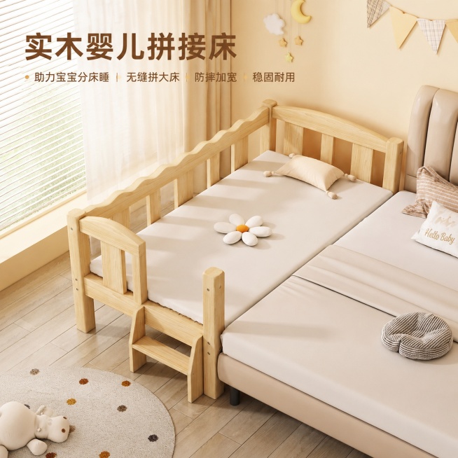 [主图-1] 实木婴儿拼接床拼大床场景展示首图。
[氛围风格] 温馨原木风儿童房 自然家居感
[画质] 商业摄影质感、光线柔和通透、产品清晰真实、画面干净高级
[元素] 实木婴儿拼接床拼接在大床旁居中预览效果