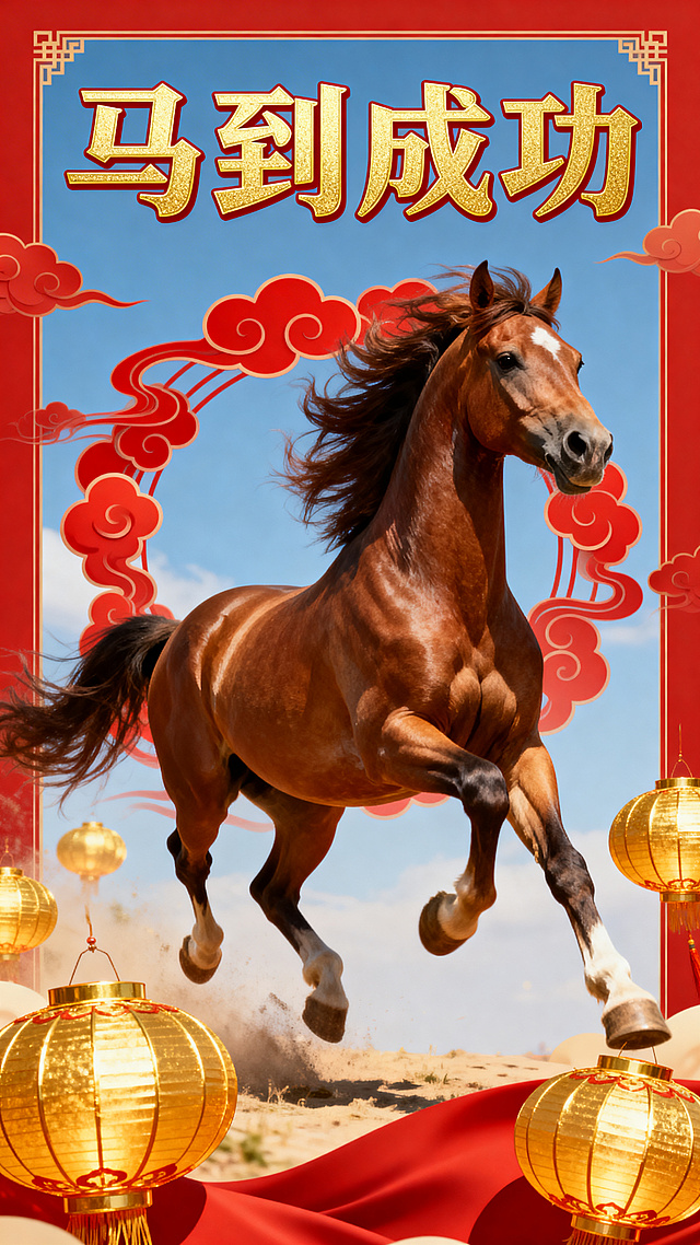 国潮风融合重拟物与鎏金元素，骏马奔腾于祥云红绸间，配以油彩质感的光影与中式灯笼，营造出喜庆热烈的油画风视觉盛宴。