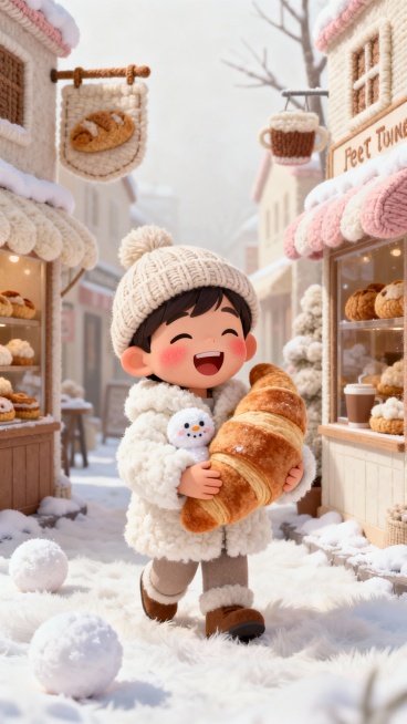 9:16画幅海报，中心构图，温暖治愈的冬日场景。画面中心是一位穿着蓬松白色羊羔绒外套和针织帽的可爱亚洲小男孩，脸颊红润，正抱着一个巨大的、毛绒绒的焦糖色牛角面包，开心地笑着。他身处热闹但背景纯净的艺术预览效果
