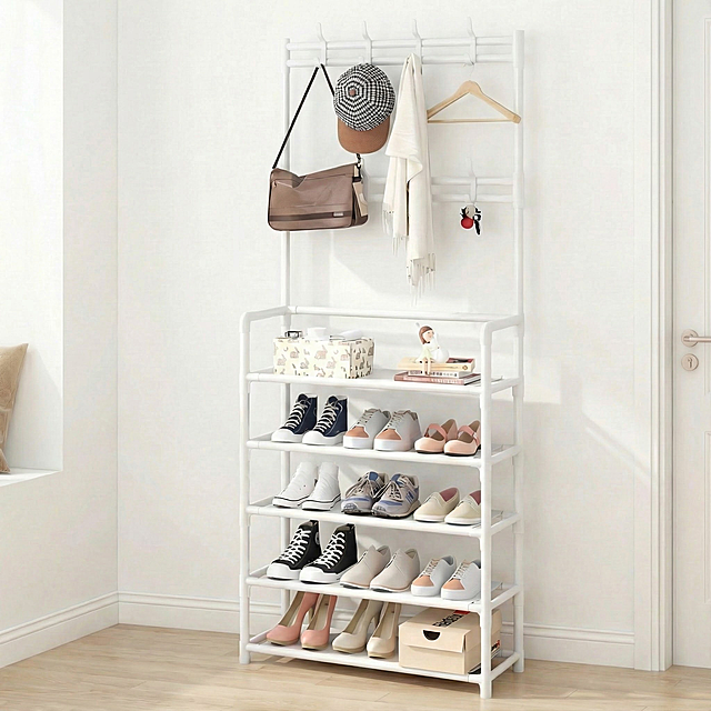 以图1为背景，对后续图片分别进行溶图操作，不要改变后续图片中鞋帽架的结构、层数、材质、比例