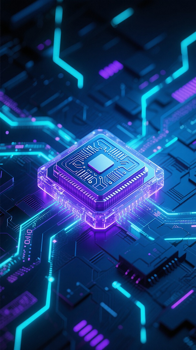 未来科技感3D插图，深蓝色为主色调，搭配紫色和青色的霓虹光效，中央放置一个六边形轮廓的量子处理器芯片，芯片表面有复杂的立体电路纹路和全息投影效果，周围环绕着流动的光线粒子和动态数据数据流，背景是由不规则几何图形和发光线路构成的抽象电路板，整体呈现出深邃神秘的赛博朋克氛围，光线从芯片中心向外辐射，形成柔和的光晕和清晰的阴影层次，材质表现为光滑的金属质感与半透明的水晶质感相结合，构图采用中心聚焦式，强调芯片的核心地位，画面充满科技感与未来感。
