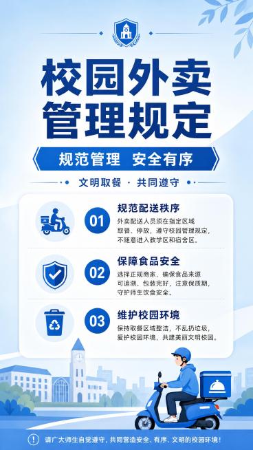 正式简洁风格校园公告海报，主标题"校园外卖管理规定"，副标题"规范管理 安全有序"，装饰文案"文明取餐 · 共同遵守"，卖点三条分别是"规范配送秩序"、"保障食品安全"、"维护校园环境"，文字清晰可读预览效果