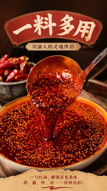 [第10屏] 一料多用开篇屏，介绍雅二爷四川辣椒油一料多用适配多种吃法。本屏使用【图6】作为产品主体展示。
[氛围/风格] 场景食欲风，川味美食氛围，商业摄影质感，国风排版。
[元素布局] 顶部大标题预览效果