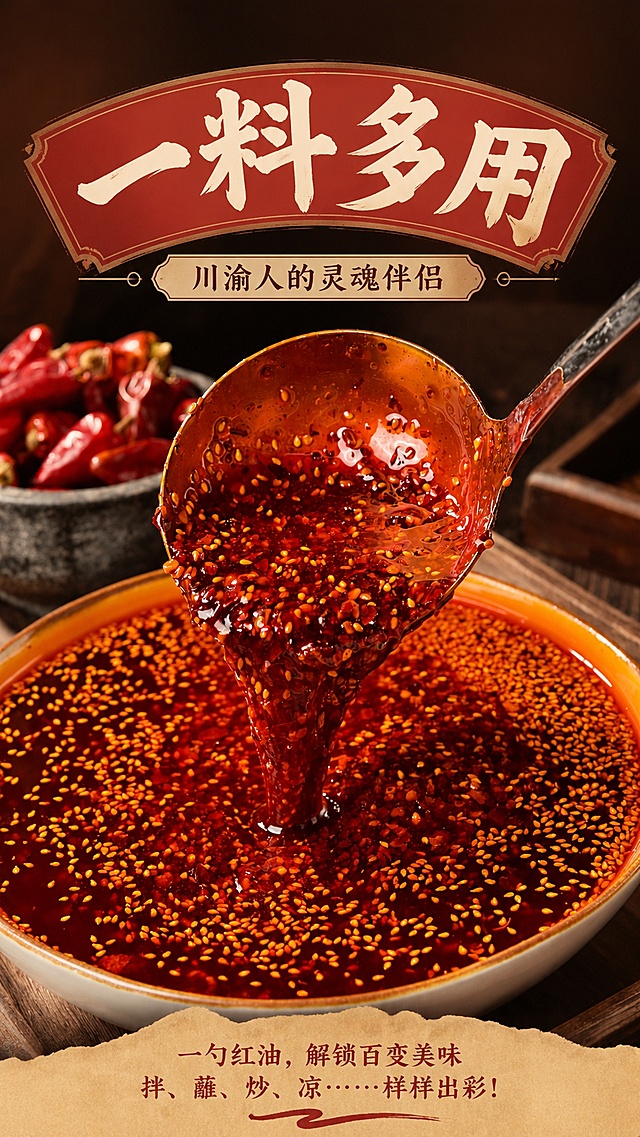 [第10屏] 一料多用开篇屏，介绍雅二爷四川辣椒油一料多用适配多种吃法。本屏使用【图6】作为产品主体展示。
[氛围/风格] 场景食欲风，川味美食氛围，商业摄影质感，国风排版。
[元素布局] 顶部大标题区域，中部展示勺子舀起辣椒油（使用【图6】），主体占比约70%，展示红油和辣椒颗粒饱满质感，保留动态流动效果，底部留白放副标题。
[光影质感] 侧光打光突出红油透亮光泽，辣椒和芝麻颗粒清晰，背景暗调突出主体，层次分明。
[配色色系] 全局底色 #3A2417 深棕色，大标题红色块配米白色字，主体辣椒油红棕色，整体红棕搭配突出食欲。
[视角构图] 竖向居中构图，主体勺子辣椒油为视觉中心，标题在上，动线清晰。
[文字版式] 顶部红色弧形主标题「一料多用」，副标题「川渝人的灵魂伴侣」，字体风格保持统一书法风格，文字大而清晰，不遮挡主体辣椒油。
[比例分辨率] 9:16 竖版比例，4K分辨率，文字清晰可辨，高清画质。
[负向提示词] 勺子变形，辣椒油结块，文字错乱，文字过小，颜色偏差，背景杂乱，产品模糊