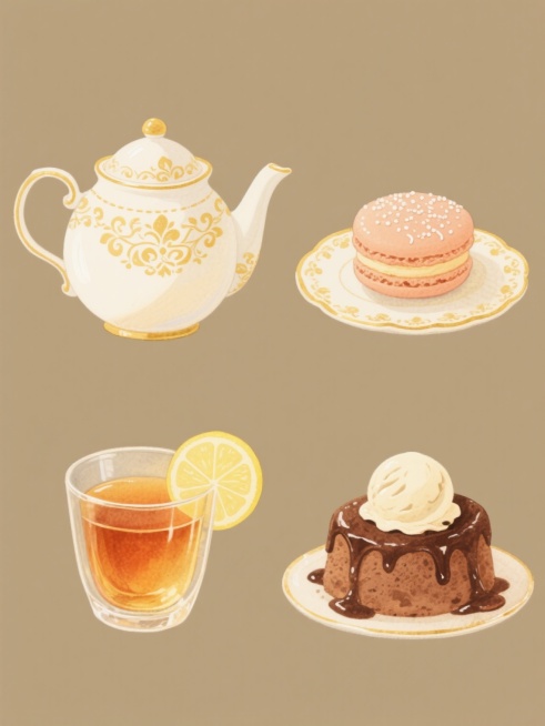 一系列四个完全不同的下午茶元素插画，保持与原图一致的柔和水彩风格，暖黄色调，细腻的笔触，金色描边装饰，每个元素都有精致的轮廓和柔和的光影过渡，背景为纯色，元素规整排布成2x2网格。第一个元素是带有金色花纹的白色茶壶配茶杯，第二个是撒有糖霜的马卡龙甜点，第三个是装有红茶的透明玻璃杯配柠檬片，第四个是巧克力熔岩蛋糕配香草冰淇淋球。预览效果