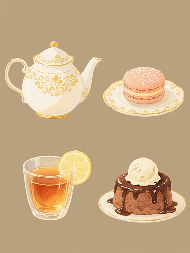 一系列四个完全不同的下午茶元素插画，保持与原图一致的柔和水彩风格，暖黄色调，细腻的笔触，金色描边装饰，每个元素都有精致的轮廓和柔和的光影过渡，背景为纯色，元素规整排布成2x2网格。第一个元素是带有金色花纹的白色茶壶配茶杯，第二个是撒有糖霜的马卡龙甜点，第三个是装有红茶的透明玻璃杯配柠檬片，第四个是巧克力熔岩蛋糕配香草冰淇淋球。