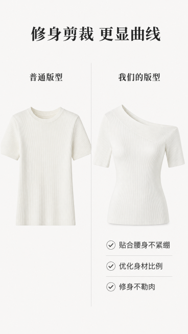 [第6屏] 剪裁版型细节解析，展示修身剪裁优势。
[氛围/风格] 细节对比展示，简约清晰，突出版型优势，商业质感。
[元素布局] 画面左右分栏对比展示：左侧为普通直筒版型短袖，右侧为本品斜肩修身版型短预览效果