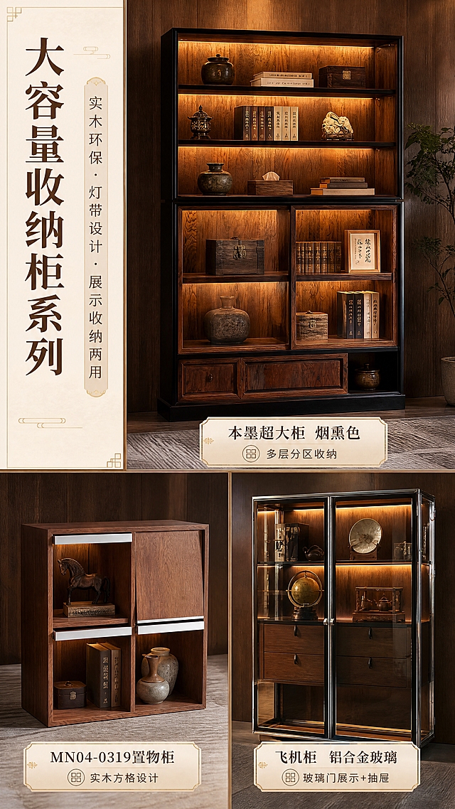 [商品] 使用【图3】MN04-0319置物柜+【图4】MN04-5009本墨超大柜+【图5】飞机柜；保留三款柜子的结构、颜色、材质和细节：置物柜的胡桃木色四门方格结构、超大柜的烟熏色原木+黑框+灯带、飞机柜的铝合金+钢化玻璃+抽屉；增强柜内灯光效果和玻璃通透感，不改变产品结构。
[画面] 页面目标：展示三款收纳柜的收纳能力与设计美感，突出柜类产品组合；构图：三宫格竖版布局，上方大格展示本墨超大柜（主产品），下方左右两格分别展示置物柜和飞机柜，左侧竖排标题；主体占比：柜子合计占画面75%；景别：中景，展示柜子全貌+内部收纳；产品角度：正面微侧角度；阅读动线：从左标题到右上图再到下图；前中后景：前景柜门细节、中景柜体主体、背景暖木色墙面。
[视觉] 套系策略：风格=新中式轻奢高级商业摄影；标题字=宋体加粗典雅大气；正文字=简洁无衬线体；主色=胡桃木棕+米杏色；背景延展=基于胡桃木棕与米杏色做深浅层级、同色渐变和细腻木纹/宣纸质感；强调色=鎏金色，仅用于小面积图标、引线、标签和装饰线条；标题色=深胡桃棕；正文色=暖灰棕色；组件=圆角浅棕信息卡、细金线引线、中式回纹装饰元素；光影=柜内暖光灯带+环境暖光，突出玻璃通透感和木纹质感。
[文字] 左侧竖条主标题"大容量收纳柜系列"（8字），副标题"实木环保·灯带设计·展示收纳两用"（14字）；每款柜子下方标注名称："本墨超大柜 烟熏色""MN04-0319置物柜""飞机柜 铝合金玻璃"；每款配1个核心卖点："多层分区收纳""实木方格设计""玻璃门展示+抽屉"；所有文字横排。
[规格] 图片比例9:16竖版，4K分辨率，负向提示：避免变形、错字、文字过小、柜子结构改变、颜色失真、冷光、极限词、水印。