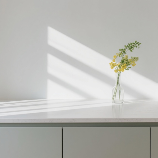 极简主义风格台面设计，纯净白色台面搭配白色背景墙，右上角放置透明玻璃花瓶，瓶中插有黄绿色系植物，柔和自然光从左上角斜射，在墙面和台面上形成清晰的几何条状光影，整体色调以白色、浅灰色和黄绿色为主，配色简洁明快，画面构图平衡，光线柔和，营造出宁静、干净、通透的氛围，台面下方可见浅灰色柜体的局部。预览效果