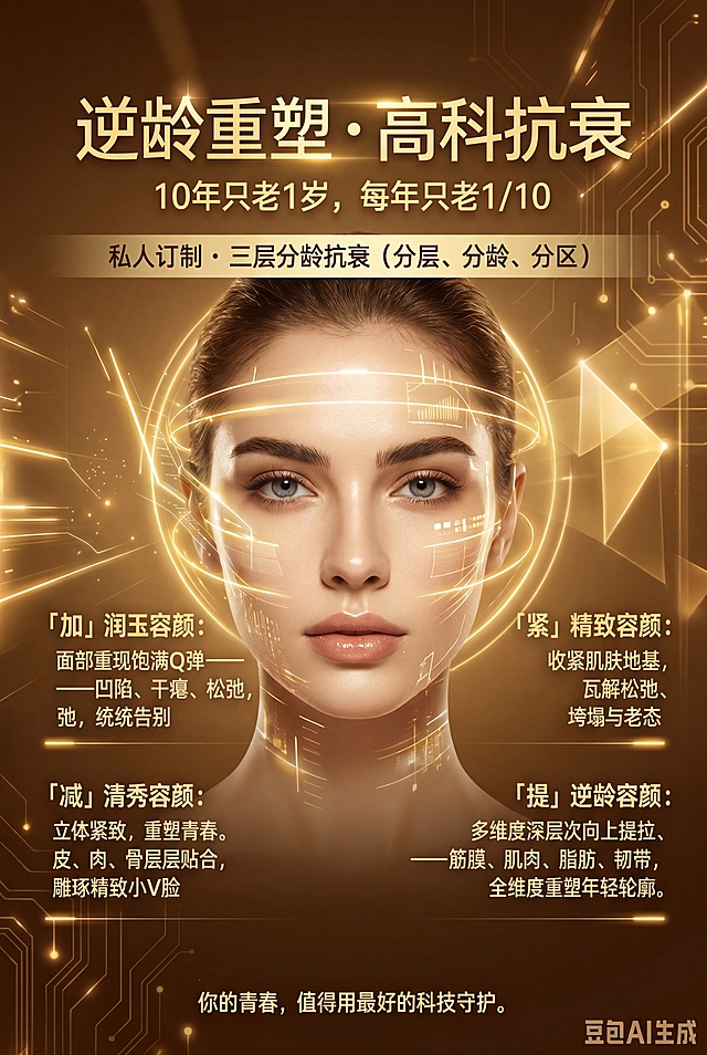 制作60cm×90cm美容院抗衰项目宣传展板，参考图一的科技感风格，将主色调改为黄色金色，保留全部文字内容：大标题逆龄重塑 · 高科抗衰，副标题10年只老1岁，每年只老1/10，核心主张私人订制 · 三层分龄抗衰（分层、分龄、分区），以及加加减减四个项目内容和结尾语，整体科技感高级，黄金色调，符合美容院定位