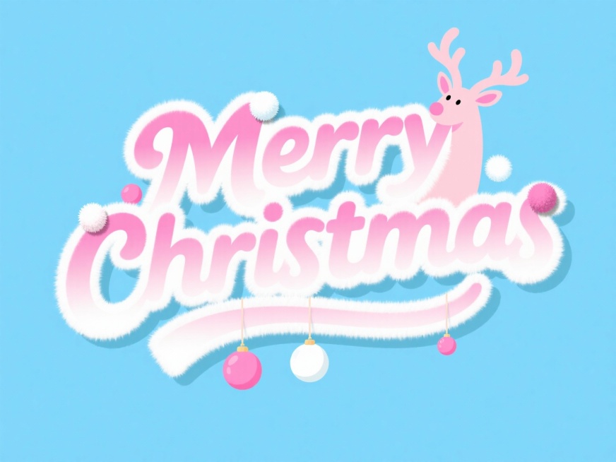 “Merry Christmas” 艺术字裹着白色毛绒边，字身是粉白渐变，立体弧度圆润；字的笔画上粘着小绒球，插着浅粉鹿角（带毛边），下方悬着粉、白圣诞球；浅蓝色背景预览效果