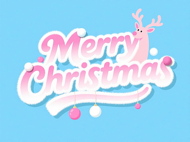 “Merry Christmas” 艺术字裹着白色毛绒边，字身是粉白渐变，立体弧度圆润；字的笔画上粘着小绒球，插着浅粉鹿角（带毛边），下方悬着粉、白圣诞球；浅蓝色背景