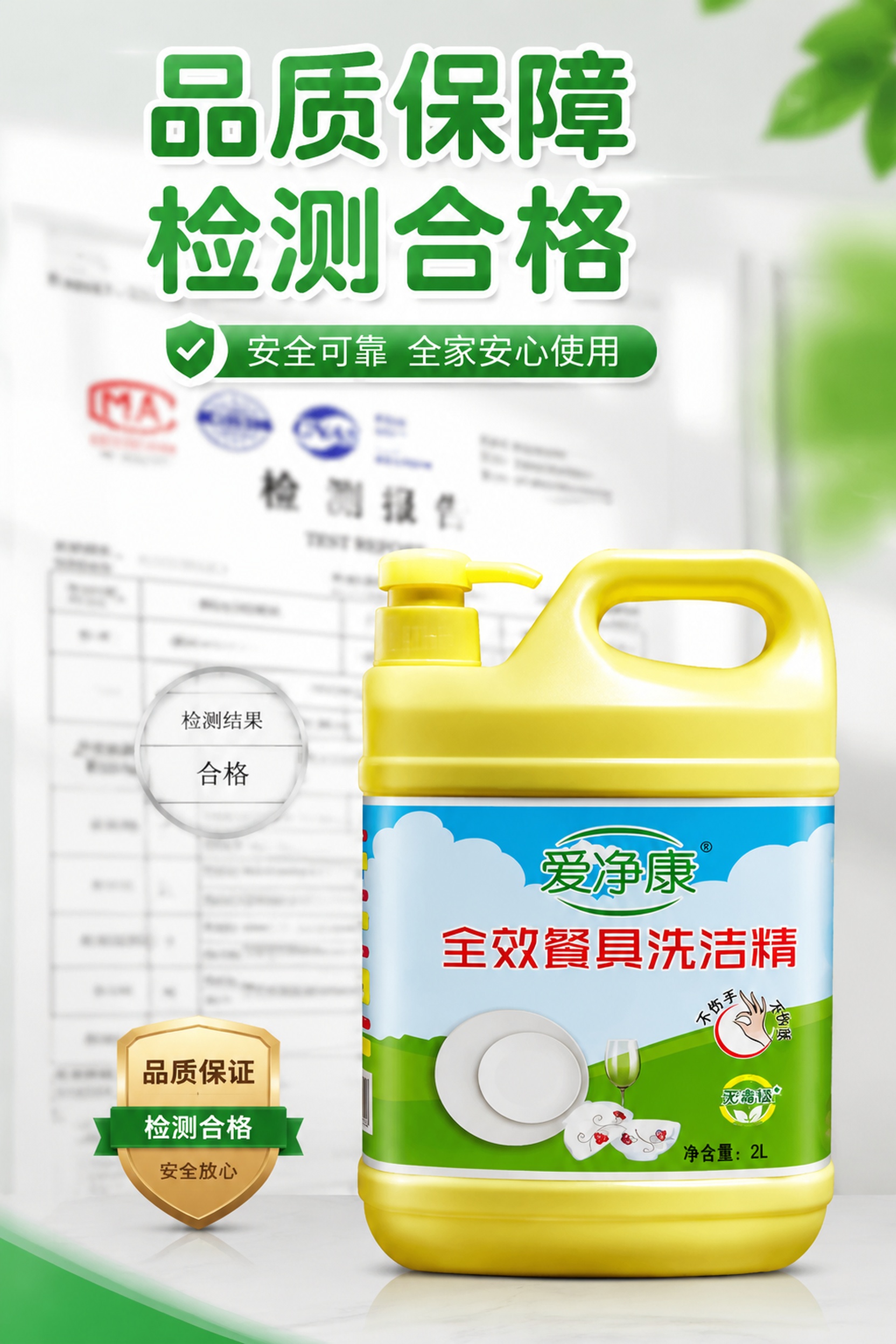 电商详情页第4张，品质检测认证展示，背景是一张模糊处理的检测报… - 图片创意预览