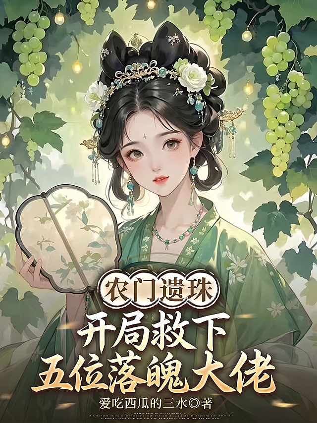 原图是古风小说封面，保持原图整体风格、人物、葡萄藤背景不变，只将原文字“种田游戏通关后大佬们全都来了”修改为“农门遗珠：开局救下五位落魄大佬”，保留底部作者“爱吃西瓜的三水◎著”文字不变。