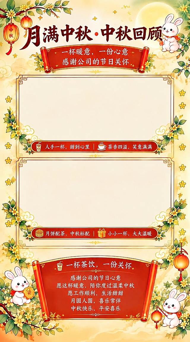 基于参考图进行修改，保持整体国潮中秋风格、兔子、桂花、灯笼、卷轴、祥云等所有视觉元素和布局完全不变，只修改文字内容：
1. 顶部大标题“月满中秋·茶饮派送”改为“月满中秋·中秋回顾”
2. 上方卷轴内文字“一杯暖意，一份心意 感谢老板的节日关怀”改为“一杯暖意，一份心意 感谢公司的节日关怀”
3. 底部卷轴内文字“一杯茶饮，一份关怀 感谢老板的节日心意 愿这杯暖意，陪你度过温柔中秋 愿工作顺利，生活甜甜 月圆人圆，喜乐常伴 中秋快乐，平安喜乐”中的“感谢老板的节日心意”改为“感谢公司的节日心意”
其余所有文字、图案、配色、排版均保持原样不变