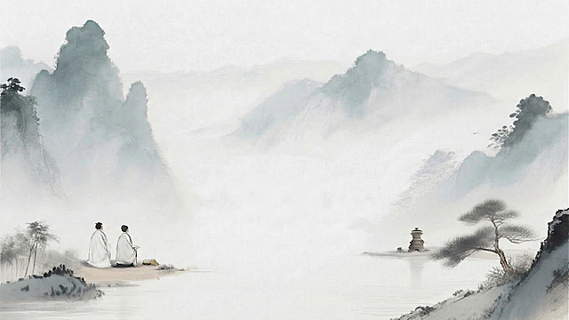 移除图片上所有的文字、红色印章，背景的山水、人物、香炉、松树等所有元素完全保留，风格保持不变