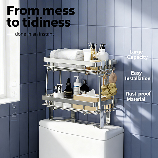 [垫图] https://gd-visitor.dancf.com/tmp02/undefined/78705cf914bf4c8289f4bf2bb05780ba.jpg
[主图主题] Toilet Over Tank Storage Rack main image
[氛围/风格] Modern minimalist bathroom style, soft natural light, clean and organized atmosphere
[画面元素] The shiny metal chrome toilet storage rack is placed on the toilet tank against the dark blue tiled bathroom wall, filled with daily toiletries as shown in the original picture, the product is centered, accounting for about 60% of the picture, the background is full screen without borders, the light is soft and the texture is delicate
[配色色系] Main color: dark blue (wall tile) + metallic silver (rack); Auxiliary colors: white (toilet) + natural wood color (wooden accessories)
[视角构图] Front eye-level perspective, moderate depth of field
[文字版式] Large title "From mess to tidiness" in the upper left corner, subtitle " – done in an instant " below, with the main title font larger than the subtitle, font is bold sans-serif, color is matte black, text is left-aligned and suspended, no frame. On the right side of the picture, there are three vertical core selling points: "Large Capacity", "Easy Installation", "Rust-proof Material", with simple small icons on the left of each selling point, font is white with a translucent thin bottom frame, the overall layout is balanced, and the text does not block the main body of the product
[比例分辨率] 1:1 ratio, 2k resolution