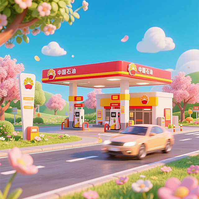卡通风格春暖花开的风景背景，画面中间是中国石油的加油站，加油站站棚为红色和黄色配色，加油站旁的道路上有一辆飞驰的汽车