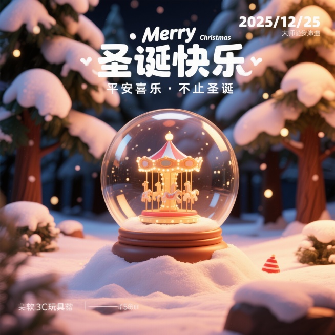 软3d风格，一个大的水晶球立在雪堆里，水晶球里面是旋转木马发着灯光，背景是森林里，树上堆着雪，视线聚焦在水晶球上，水晶球后面的树做模糊处理，时间是夜晚，oc渲染，主标题是圣诞快乐做成三维立体的，副标题预览效果