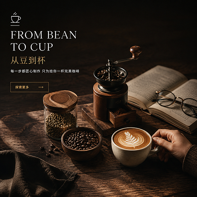 [主图-4] 场景与体验 从豆到杯 生活方式场景
[统一基调] 高端咖啡品牌视觉 深棕黑金配色 深黑色背景 暖金色点缀 米白色标题字 衬线大标题字体 细体辅助文字 简约高级质感 无多余装饰边框
[画面] 画面中央偏右是一套完整的咖啡制作场景 深棕色木质桌面上 从左到右依次摆放 装着生豆的玻璃罐 烘焙好的咖啡豆木碗 手动研磨机 陶瓷咖啡杯中有拉花的成品咖啡 旁边还有一本打开的书和一副眼镜 营造温馨的晨间咖啡时光氛围 一只手正轻轻握住咖啡杯柄 呈现自然的使用状态 整体场景丰富有层次 产品占画面约70% 视角为45度俯视
[光影质感] 暖调窗边自然光 柔和的侧光 桌面有温暖的光影 咖啡杯有柔和高光 木质纹理清晰 整体氛围温馨舒适 有生活仪式感
[配色] 主背景深黑色暗调 桌面深棕色木质 咖啡杯米白色 咖啡豆深棕色 标题字米白色 强调色金色
[文字版式] 左上角有简约咖啡杯线条图标 白色 下方主标题"FROM BEAN TO CUP"白色衬线体 分两行 再下方中文"从豆到杯"金色 底部小字说明"每一步都匠心制作 只为给你一杯完美咖啡"白色细体 右下角有金色细线"探索更多"按钮带箭头 文字全部左对齐 放在左上角负空间
[输出要求] 1:1正方形 2048px 文字清晰锐利 产品清晰 高端商业摄影质感 禁止变形 禁止错字 禁止模糊 禁止杂乱 禁止水印 禁止平台Logo 禁止手部畸形