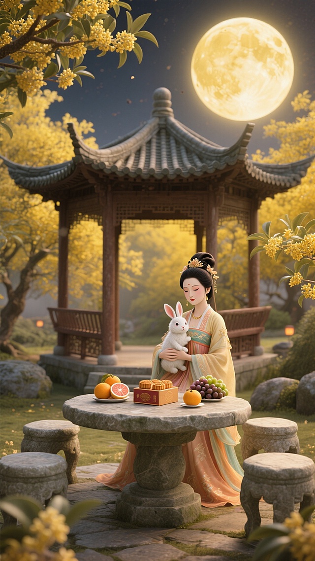 桂花林中有一座中式凉亭，凉亭里有石桌石椅，嫦娥坐在石椅上，嫦娥身姿轻盈曼妙，衣袂飘飘，嫦娥怀里抱着玉兔，石桌上摆着一盒月饼和一些葡萄柚子，凉亭顶的后面是一轮巨大的圆月。突显中秋节日氛围，黄色调基底。