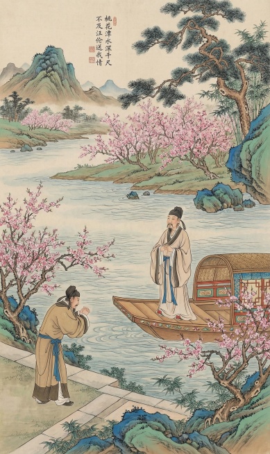 桃花潭水深千尺 不及汪伦送我情 帮我以这个场景生成一个工笔素描画/用这张图的绘画手法预览效果