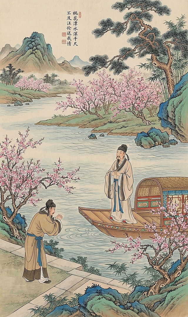 桃花潭水深千尺 不及汪伦送我情 帮我以这个场景生成一个工笔素描画/用这张图的绘画手法