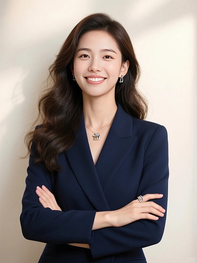 商务形象半身照，女生，藏青色西服，双手交叉抱胸，长发大波浪，精致的金属配饰，米白色背景墙，暖光，微笑