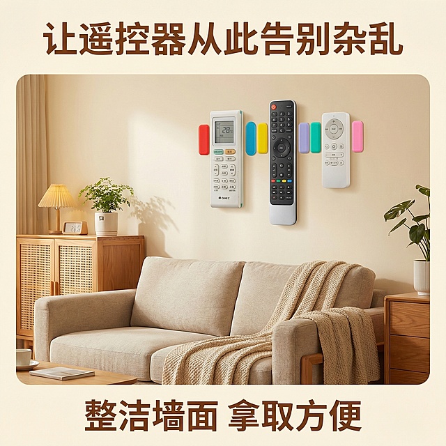 [详情页 5] 买家使用场景分享展示
[氛围/风格] 真实居家场景分享，自然温馨，生活氛围感强
[画面元素] 温馨客厅墙面，多个不同颜色磁吸壁挂分别吸附空调、电视、风扇遥控器，整体墙面整洁美观，展示实际使用效果，保留产品原有颜色和外观
[配色色系] 暖调居家配色，自然温馨
[文字版式] 顶部大标题 "让遥控器从此告别杂乱"，底部标注 "整洁墙面 拿取方便"，文字柔和贴合场景
[比例分辨率] 1:1 比例，2k 分辨率