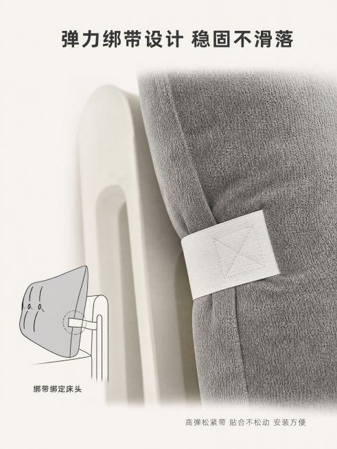 [第3屏] 细节展示页-固定绑带细节特写，说明安装设计。特写质感展示，简约真实，产品细节清晰突出，商业摄影质感。本屏使用图2作为绑带细节主体展示，占画面中心区域约70%，保持白色绑带和灰色面料纹理颜色预览效果